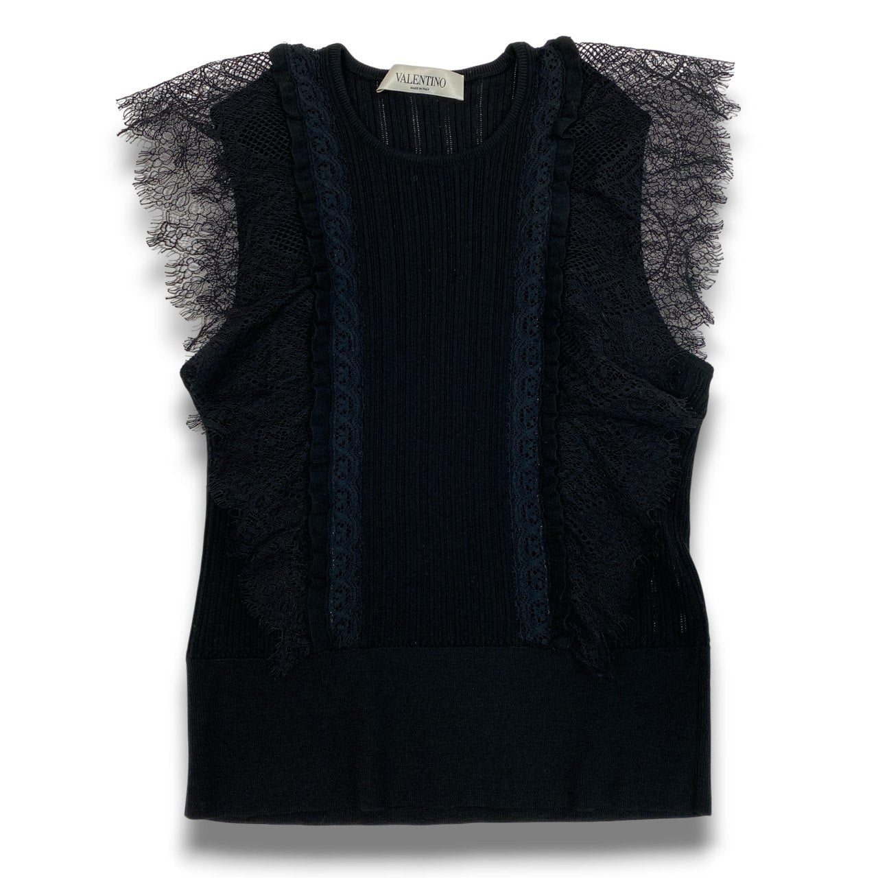 59b22 VALENTINO ヴァレンティノ ノースリーブ ニットカットソー リブニット レース装飾 レディース 女性服 イタリア製 M ブラック ウール100％u02t