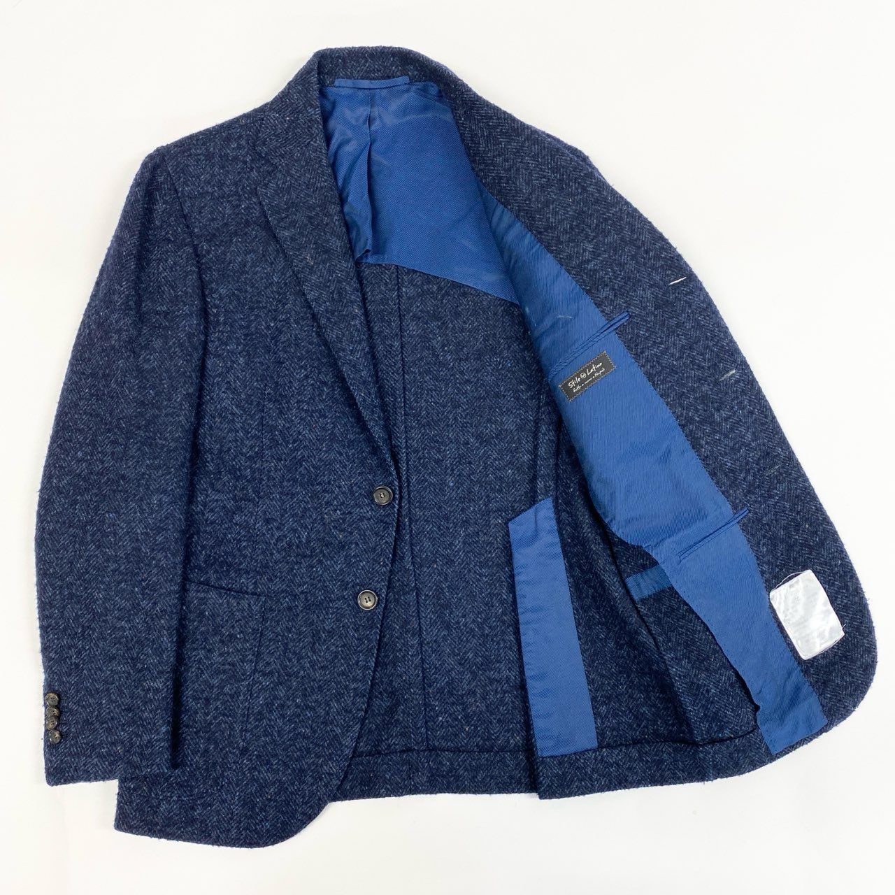 50a19 Stile Latino スティレラティーノ テーラードジャケット ツイード アンコンジャケット ヘリンボーン ウールブレンド〇 メンズ 紳士服 46 ネイビーu02t