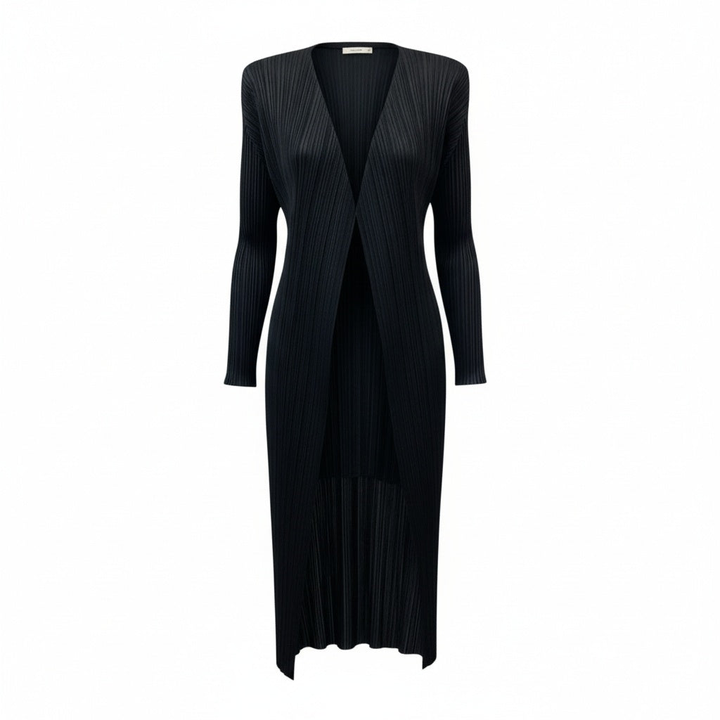 Ab11【美品】PLEATS PLEASE プリーツプリーズ プリーツロングカーディガン ロングコートカーディガン PP61-JG605 2サイズ ブラック ポリエステル100％ レディース 女性用k02i