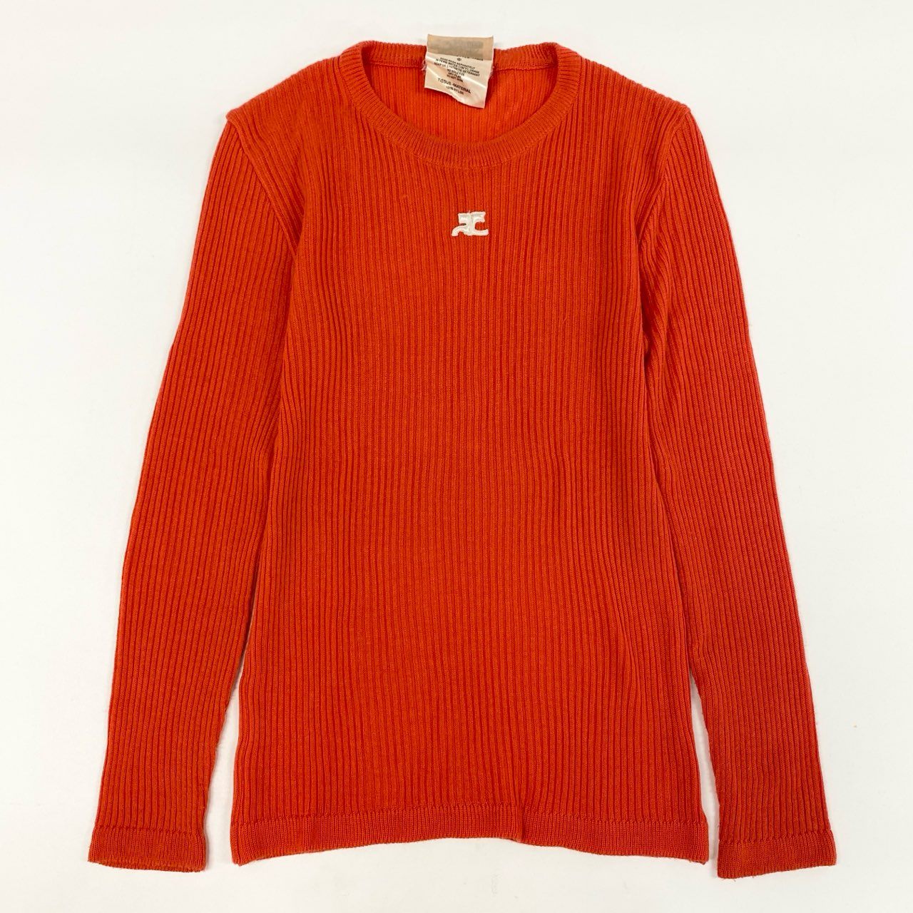 31i8 Courreges クレージュ フランス製 VINTAGE ワンポイントロゴ刺繍 長袖ニット セーター トップス オレンジ コットン レディースk02i