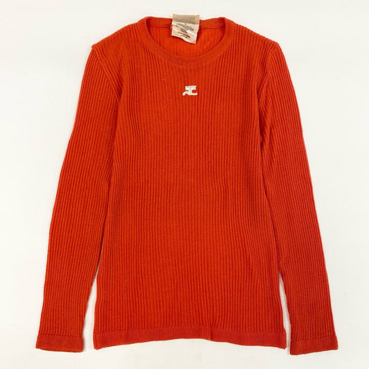 31i8 Courreges クレージュ フランス製 VINTAGE ワンポイントロゴ刺繍 長袖ニット セーター トップス オレンジ コットン レディースk02i