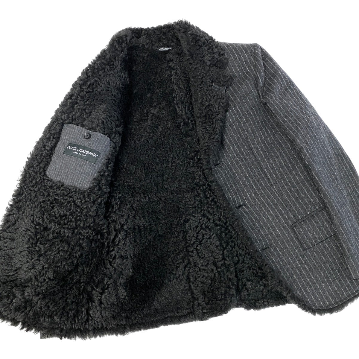 j26 【美品】DOLCE&GABBANA ムートンテーラードジャケット ラムファー ストライプ柄 44サイズ グレー メンズ 男性用k02i