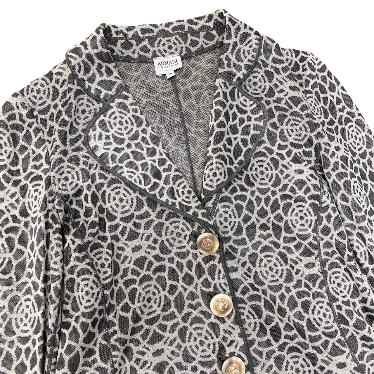 55h9 ARMANI COLLEZIONI アルマーニコレツィオーネ ニットジャケット ロングスリーブ カーディガン 総柄 サイズ38 グレー レディースu02t