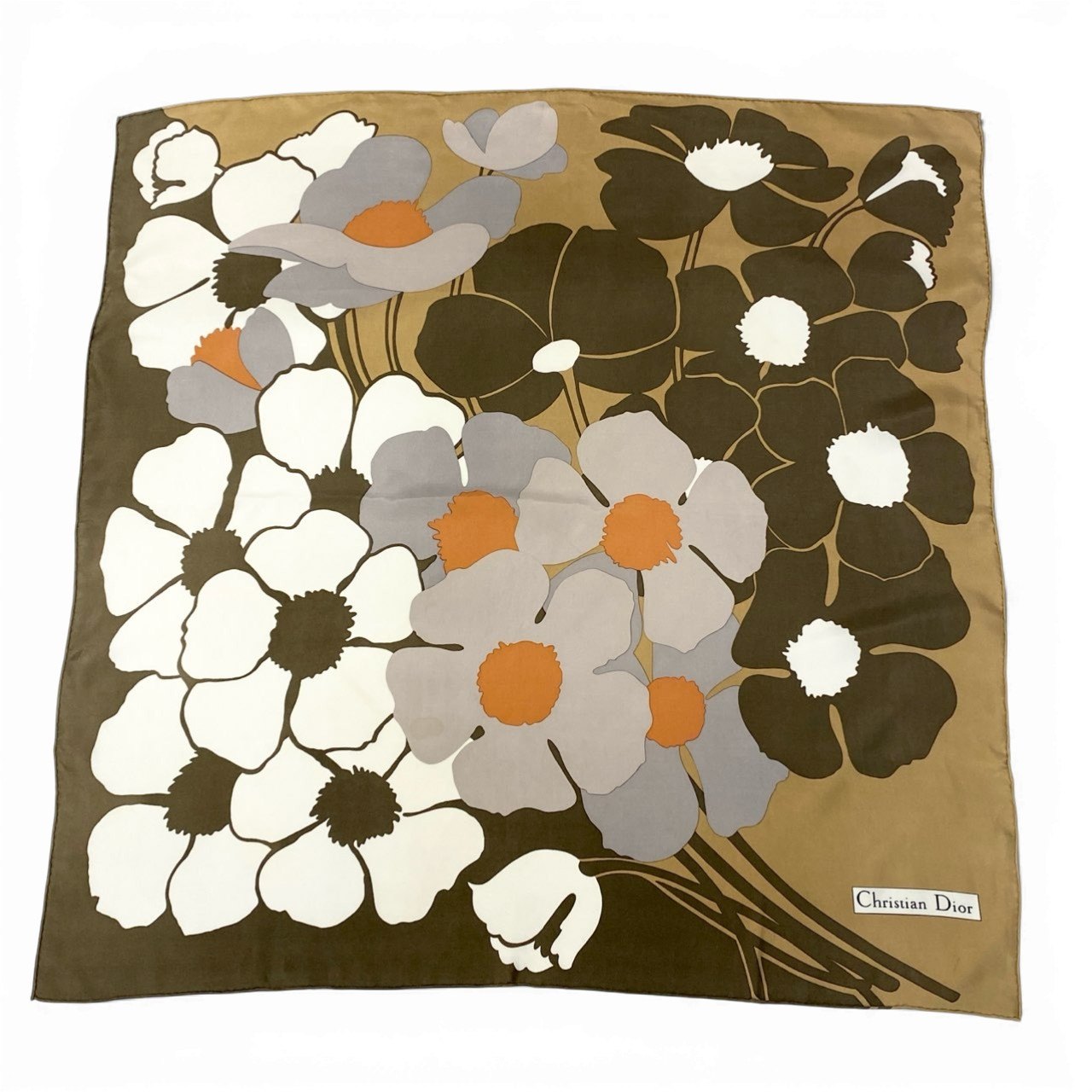 b20 Christian Dior クリスチャンディオール CD Flour Print Scarf フラワープリントスカーフ 茶系t18r