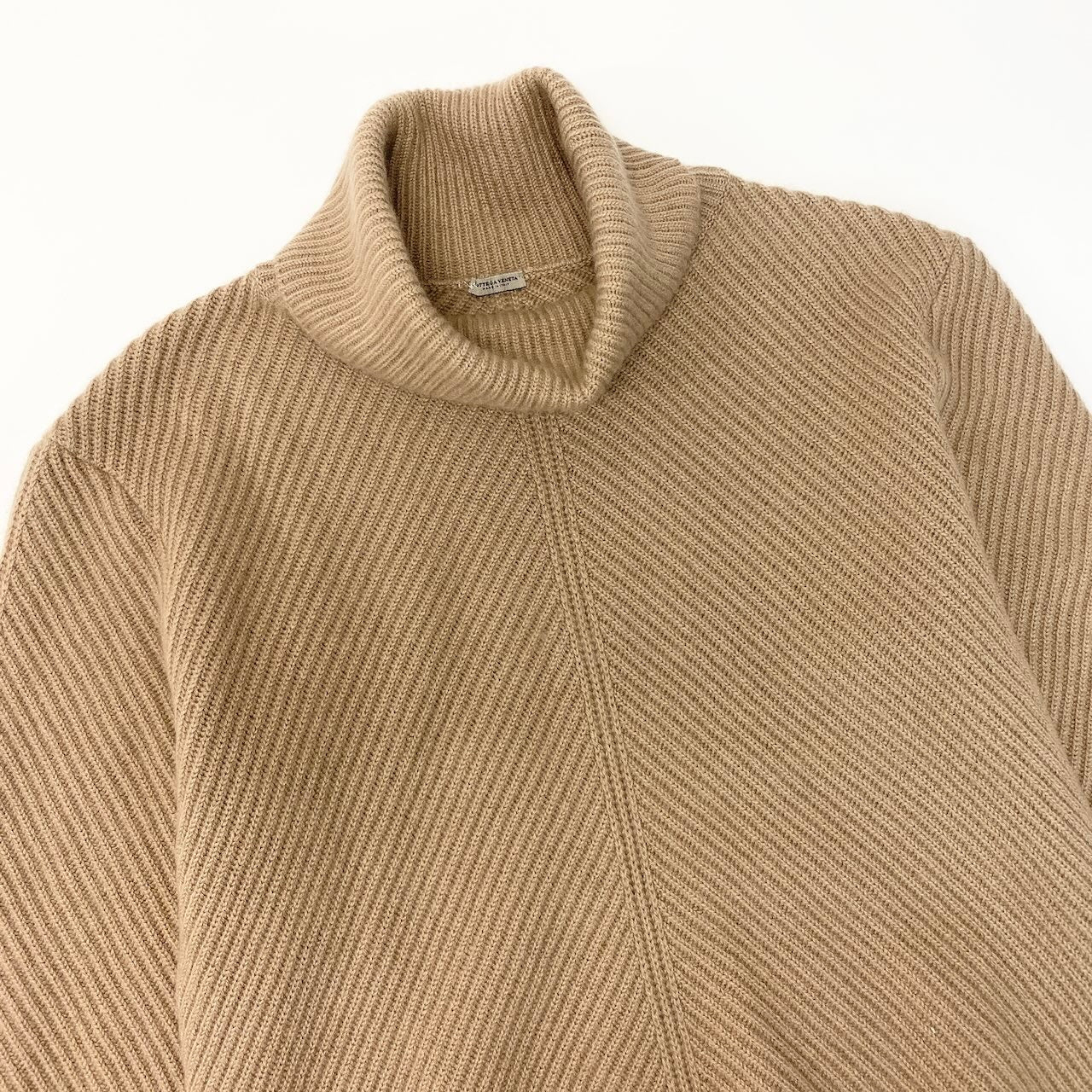 46c24 BOTTEGA VENETA ボッテガヴェネタ カシミヤリブニット ハイネックニットセーター トップス イタリヤ製 42サイズ ベージュ カシミヤ100％ レディース 女性用u02t