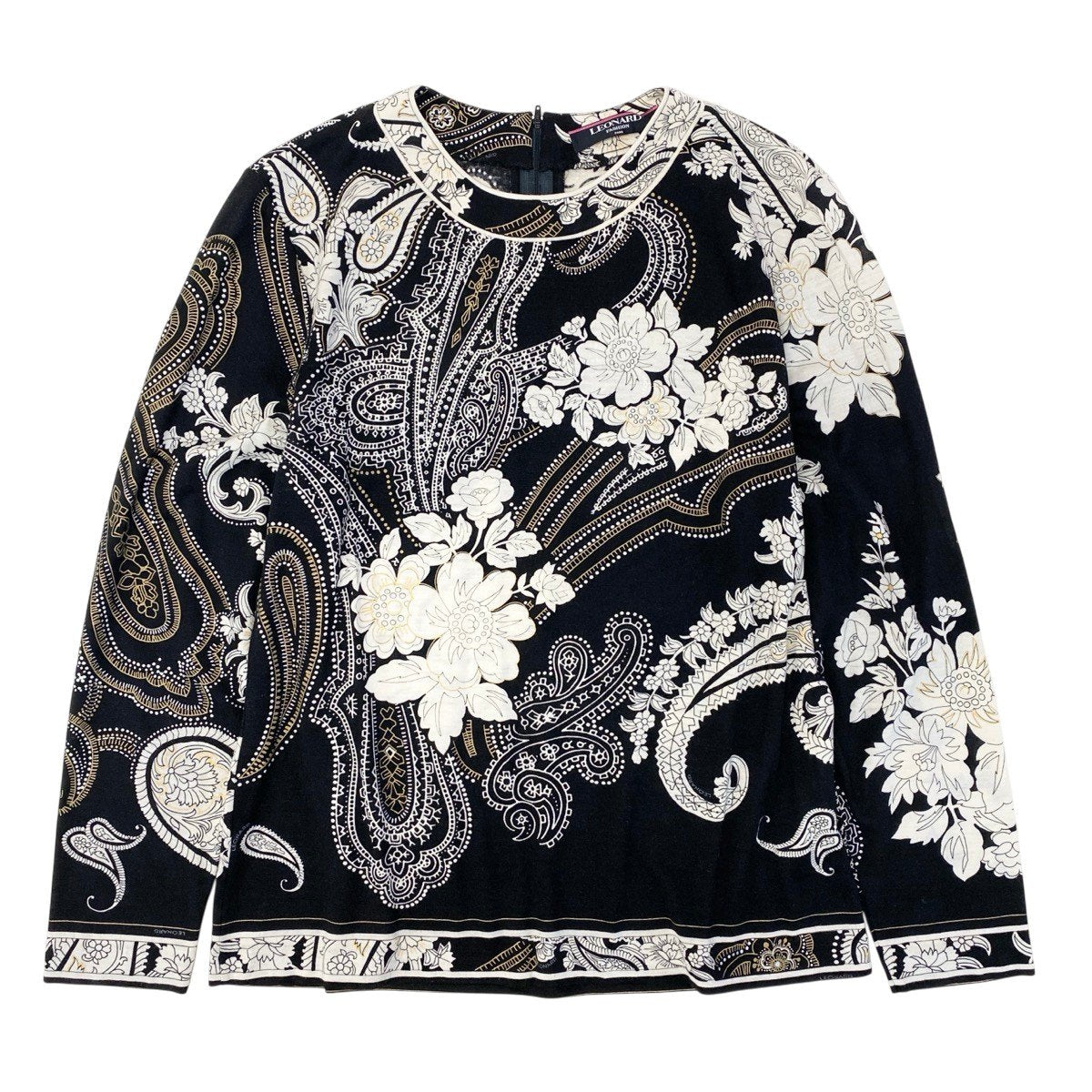 54g11 LEONARD FASHION レオナール ロングスリーブ カットソー 美しい花柄プリント ペイズリー柄 サイズM ブラック ウール シルク レディースu02t