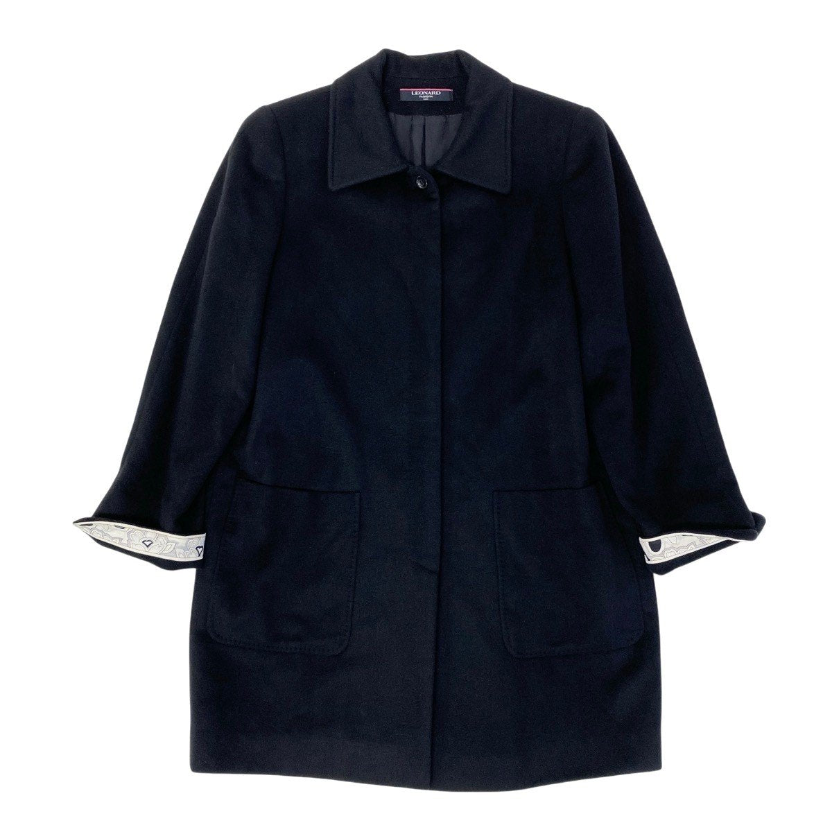 38g13 LEONARD FASHION レオナール ステンカラーコート ロング 花柄プリント サイズ11AR ブラック カシミヤ100％ レディース 女性用o07t