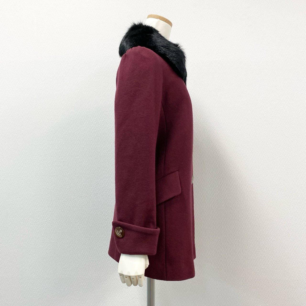 74i8 Vivienne Westwood RED LABEL ヴィヴィアンウエストウッド レッドレーベル オリゾンティ期 オーブボタン ラビットファー襟 ショートコート ジャケット 日本製 2 ボルドー ウール ナイロン レディースk02i