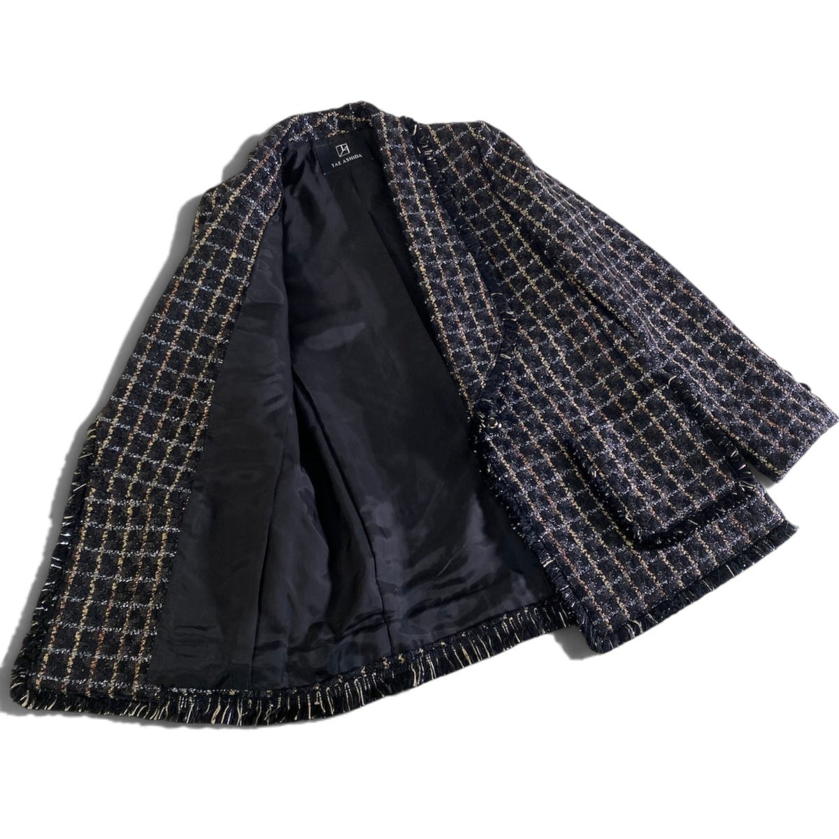 14j23 【極美品】TAE ASHIDA タエアシダ ツイードジャケット チェック柄 ラメ フリンジ アウター 5サイズ ブラック系 レディース 女性用u02t