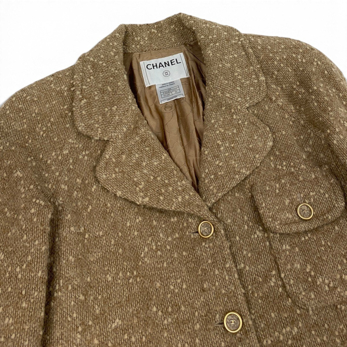 i22 CHANEL シャネル 01A CC クリアボタン ツイードコート Vintage CC Clear Buttons Tweed Coat Beige P18340 Size38 ベージュt18r