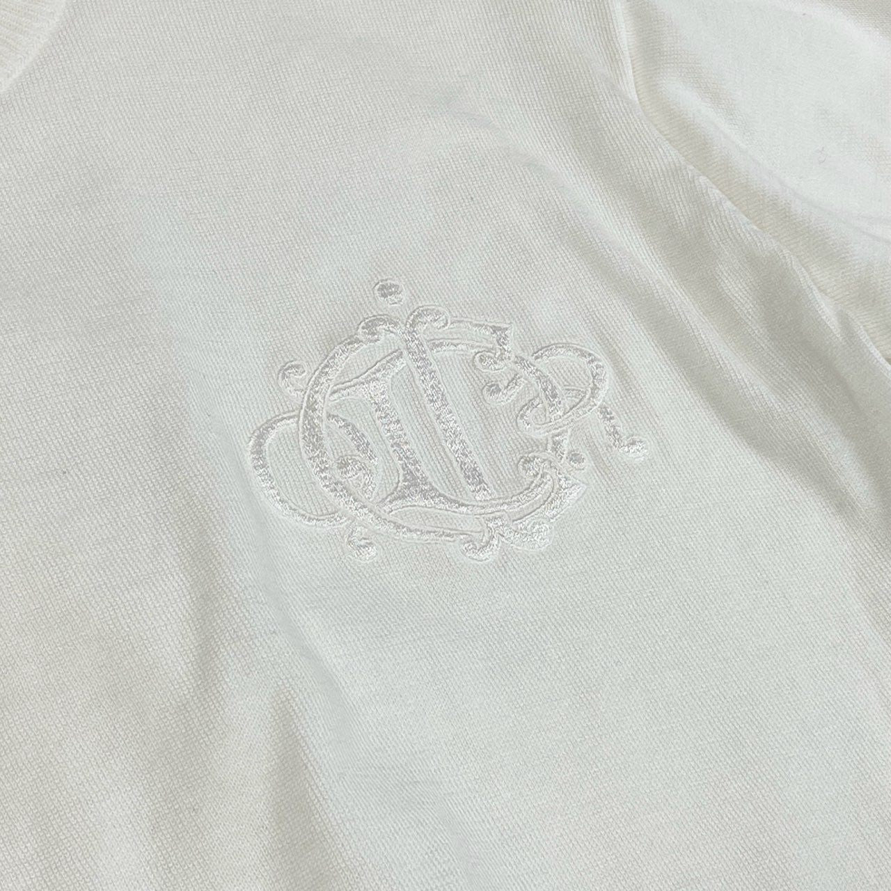 12a23 Christian Dior クリスチャンディオール 半袖ニット サマーセーター トップス エンブレム刺繍 M ホワイト コットン レディースu02t