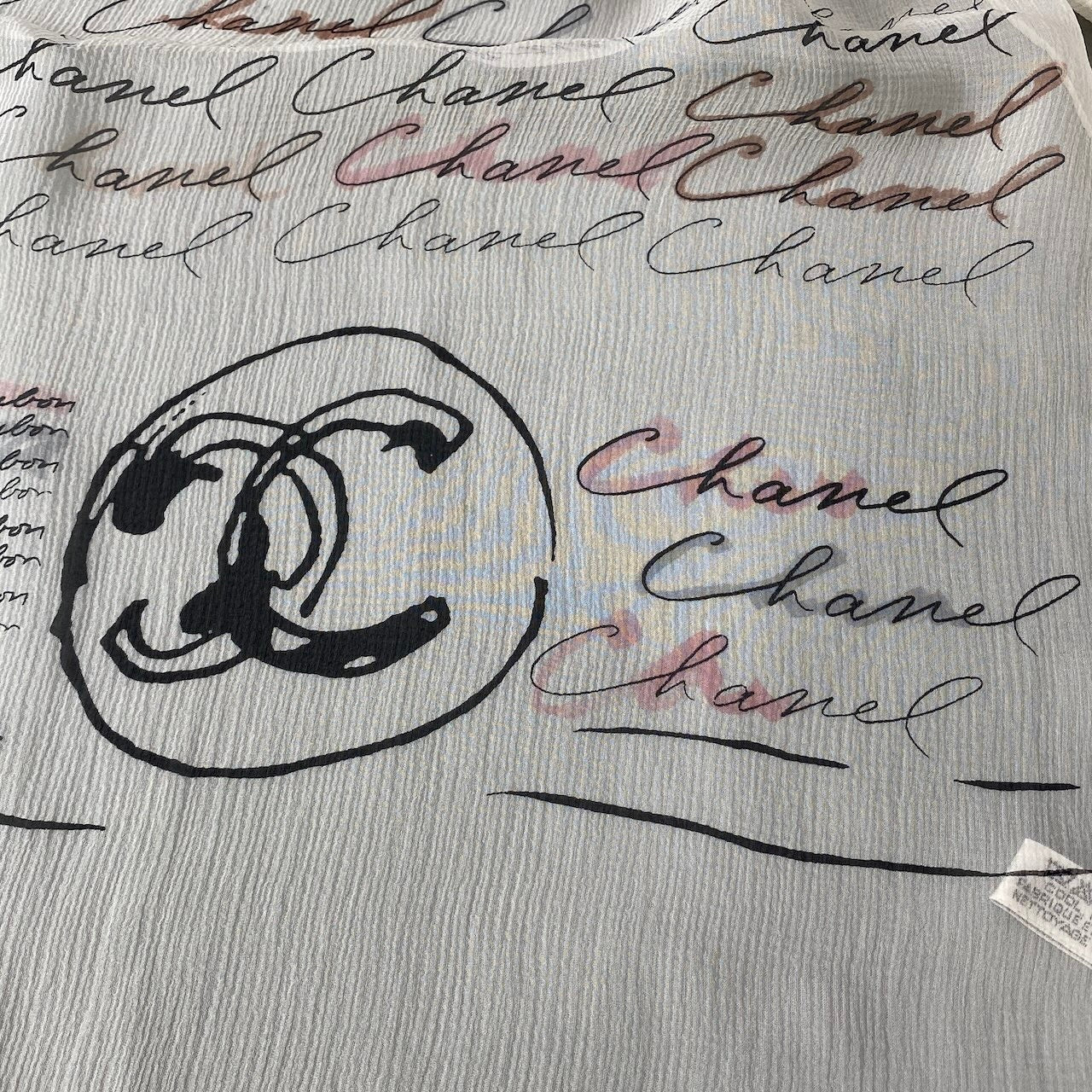 e13 CHANEL シャネル シルクスカーフ 長方形 ココマーク 総柄 ホワイト シルク100％ レディース 女性用k02i