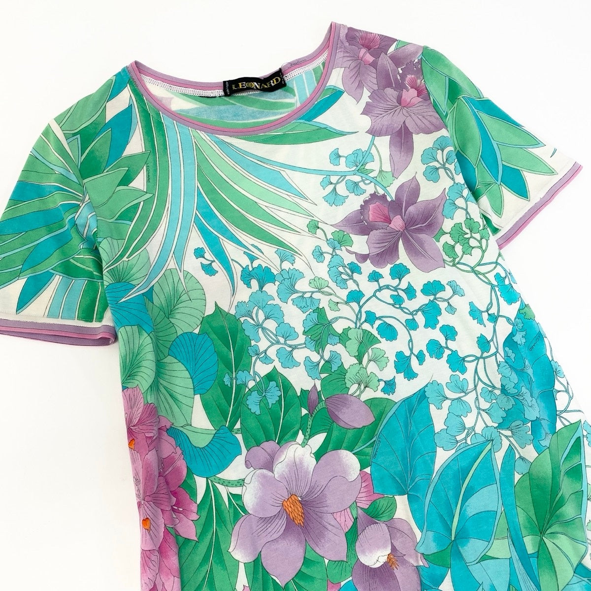 11e27 LEONARD Paris レオナール クルーネック 半袖ワンピース ロングワンピース 美しい花柄プリント マルチカラー レディース 女性服u02t