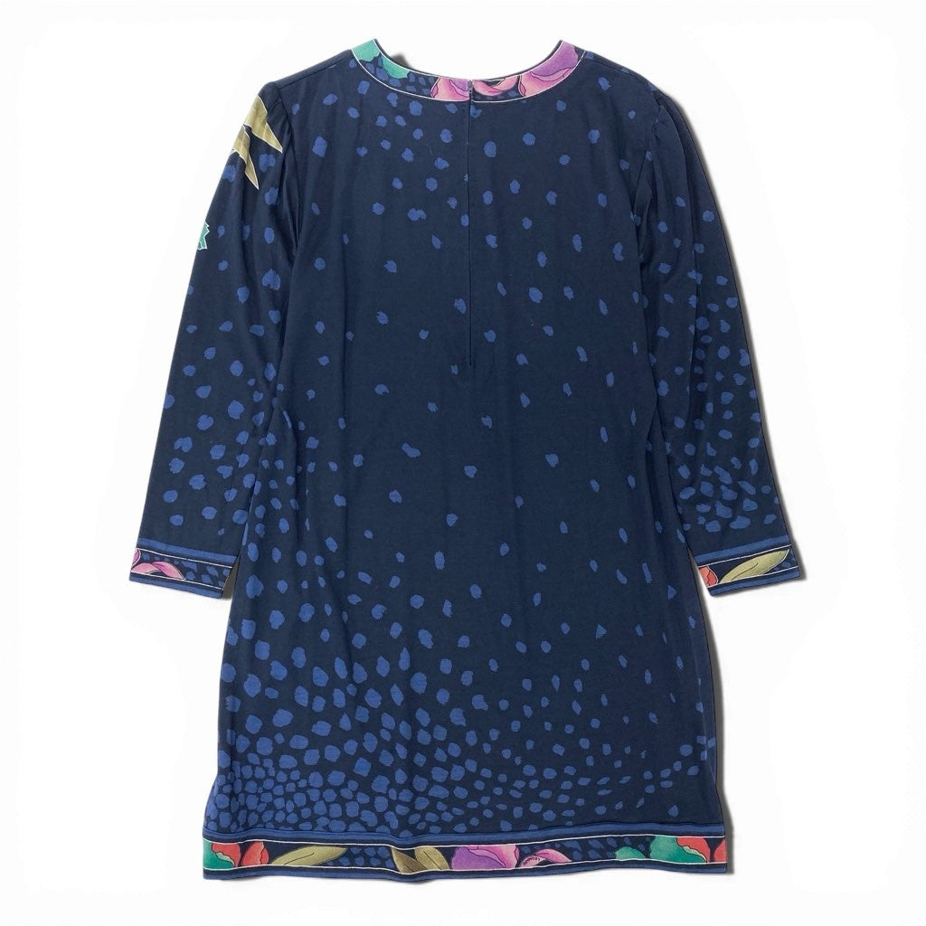 6l25 LEONARD レオナール 長袖チュニック チュニックワンピース クルーネック 美しい花柄プリント Lサイズ ネイビー レディースu02t