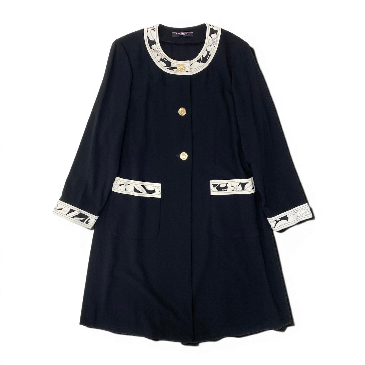 37e28 LEONARD FASHION レオナール ノーカラーコート ロングコート ロゴ金ボタン 花柄プリント 薄手 9R ブラック ウール シルク レディース 女性服o07t