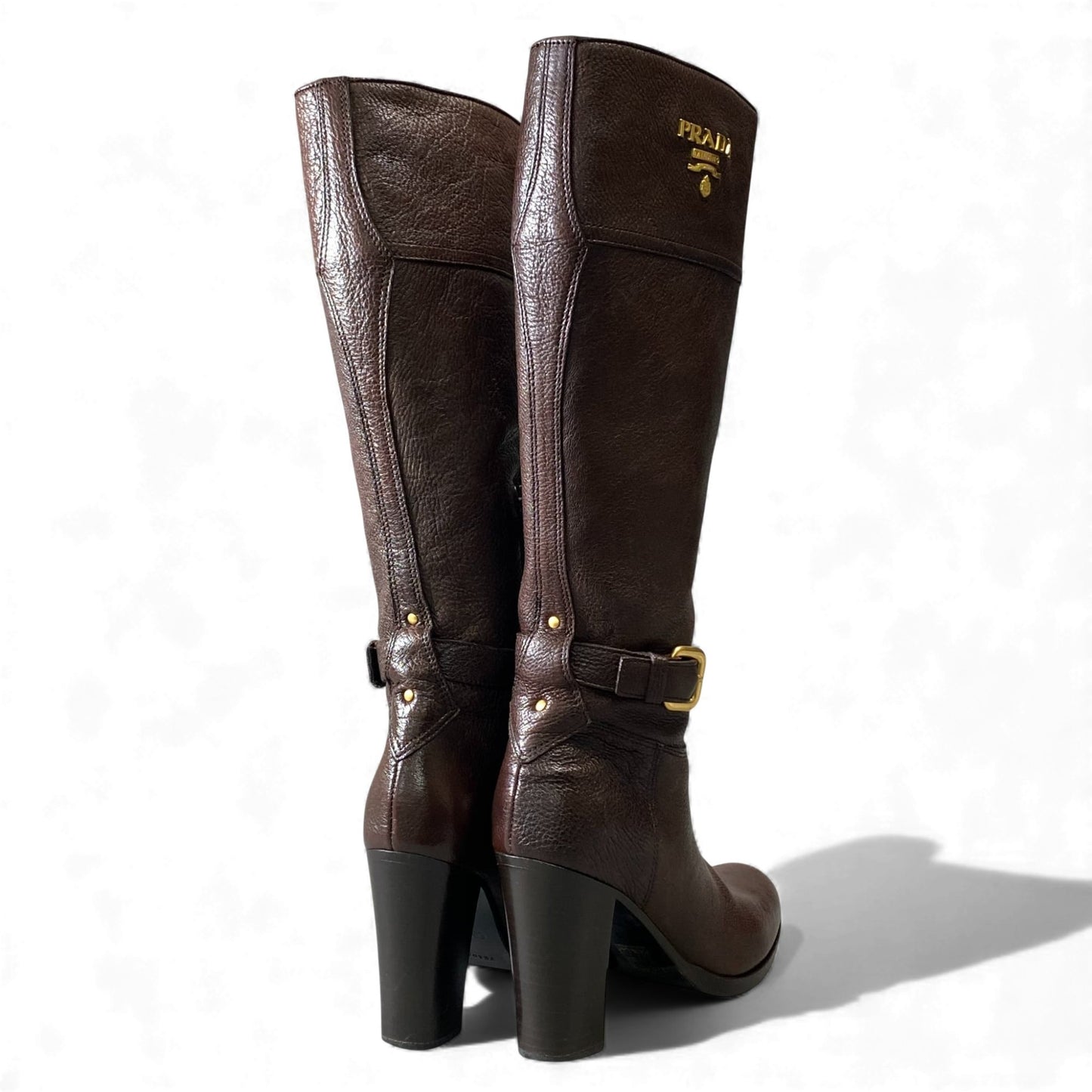 1L11 PRADA プラダ ロゴ入り ゴールド金具 チャンキーヒール サイドジップ ブーツ サイズ35 ブラウン レザー レディース 女性用 靴k02i