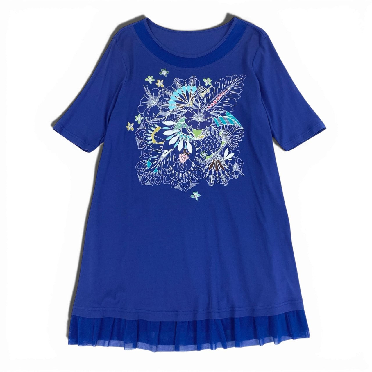68b27 TOKUKO 1er VOL トクコプルミエヴォル チュニックワンピース 半袖 花柄プリント メッシュ切替 レディース 女性服 サイズ9 ブルー コットン100％u02t