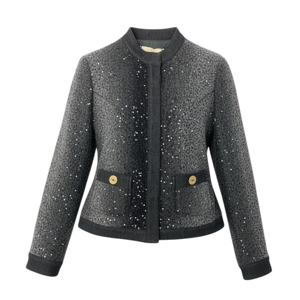 55c19 【新品保管品】 Blumarine ブルマリン ノーカラージャケット スパンコール 金ボタン タグ付 ウール レディース 女性用 227842619 38 グレー系u02t