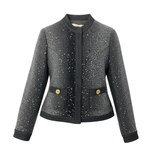 55c19 【新品保管品】 Blumarine ブルマリン ノーカラージャケット スパンコール 金ボタン タグ付 ウール レディース 女性用 227842619 38 グレー系u02t