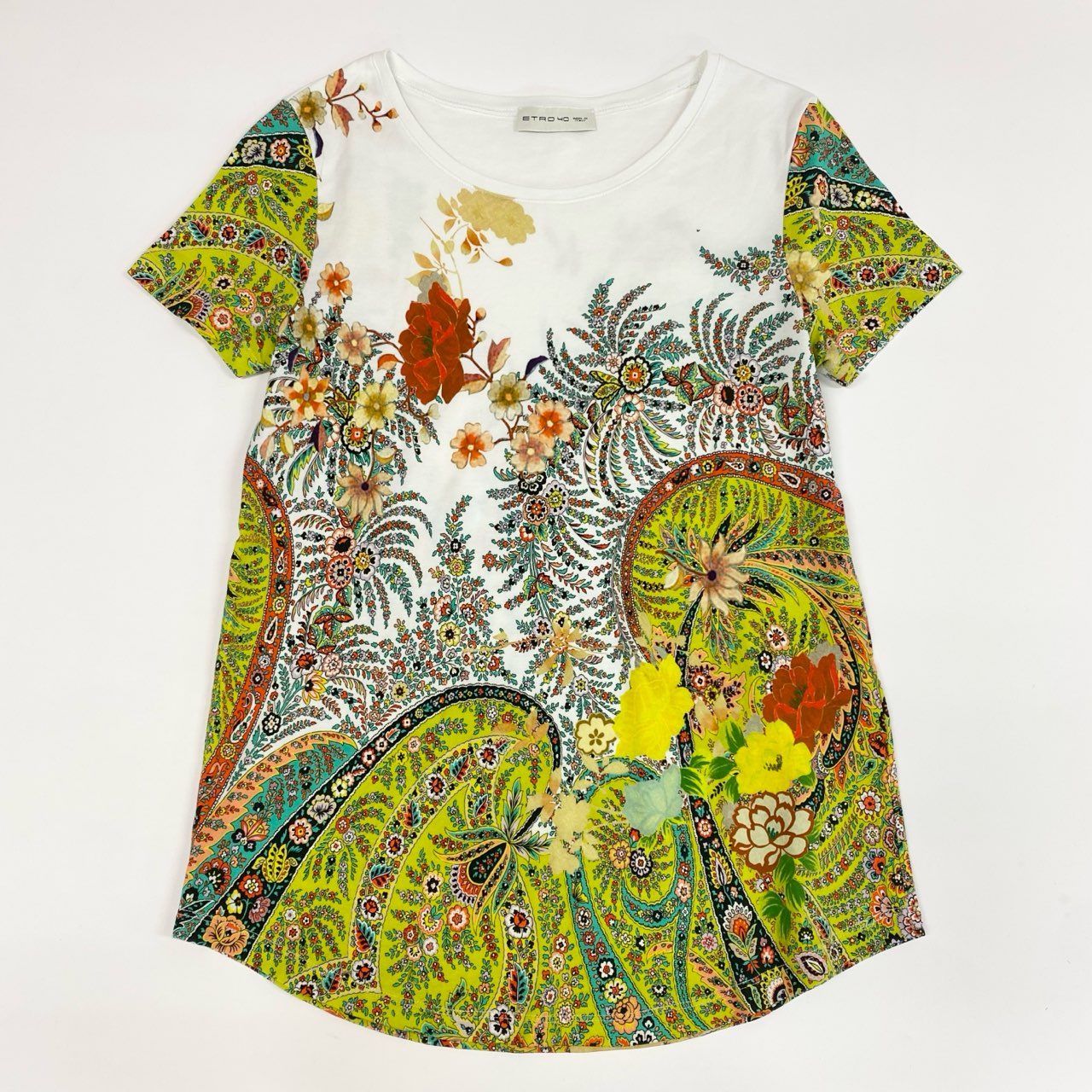 42j6 ETRO エトロ イタリア製 半袖Tシャツ クルーネック カットソー フラワープリント 花柄 レディース 女性用 ホワイト マルチカラー コットン100％u02t