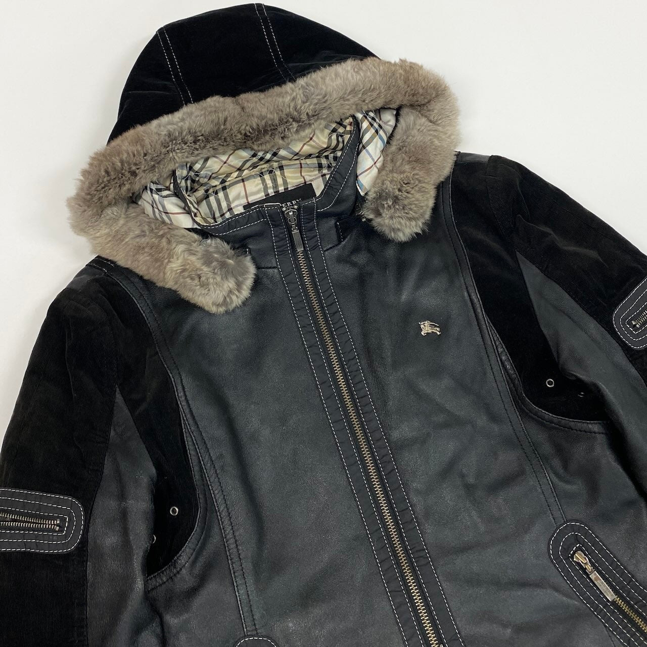 4d16 BURBERRY BLACK LABEL バーバリー ブラックレーベル 中綿 レザージャケット フーデッドジャケット 2way コーデュロイ切替 ラビットファー サイズM ブラック メンズ 紳士服u02t