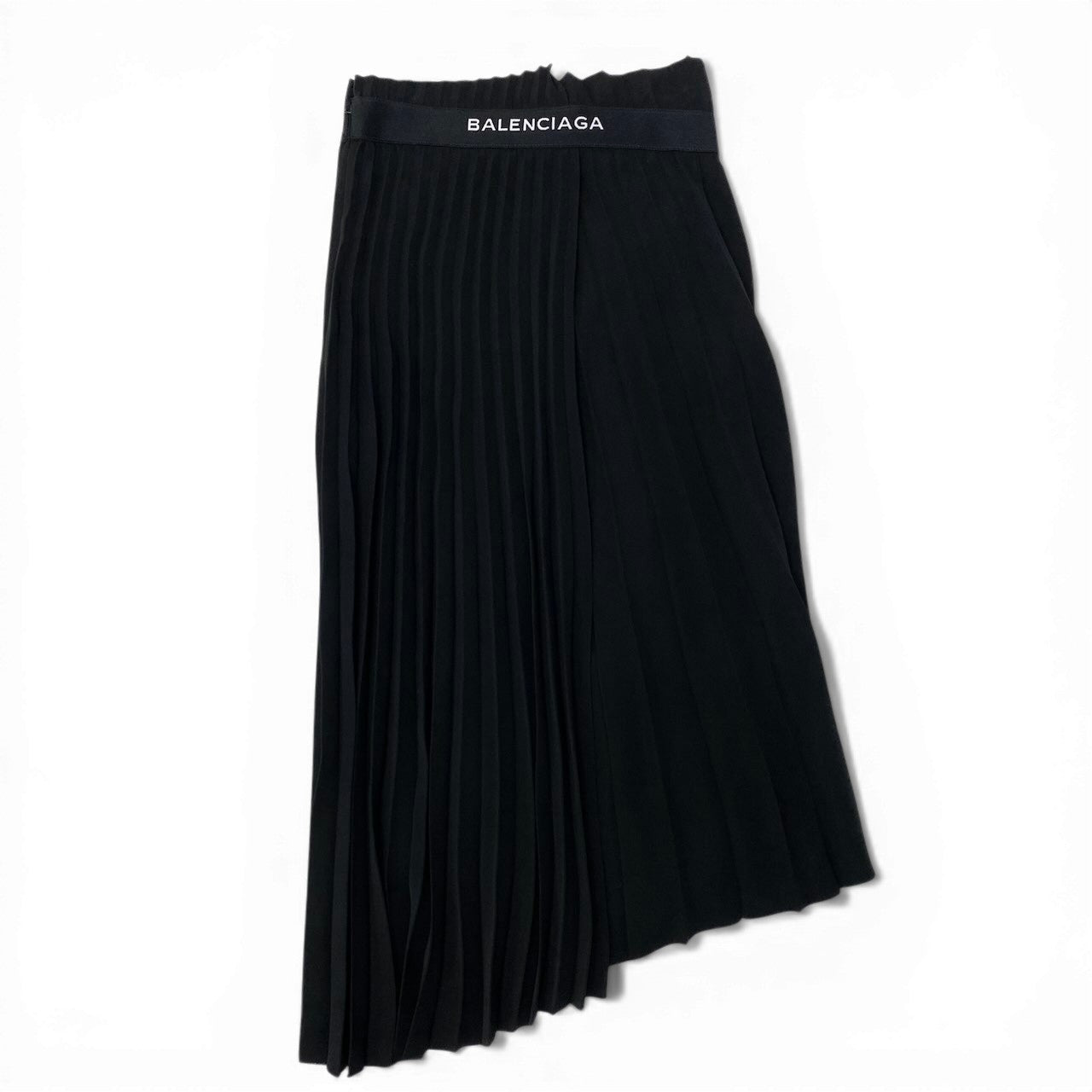 Ic30 BALENCIAGA バレンシアガ プリーツスカート ラップスカート風  アシンメトリーデザイン ウエストロゴ レディース 女性服 サイズ34 ブラック ポリエステル100％u02t