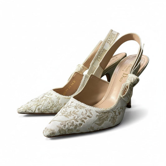 2d27 Christian Dior クリスチャンディオール J`Adior ジャディオール スリングバックパンプス ヒールパンプス サイズ36 ホワイト ゴールド レディース 女性靴k02i