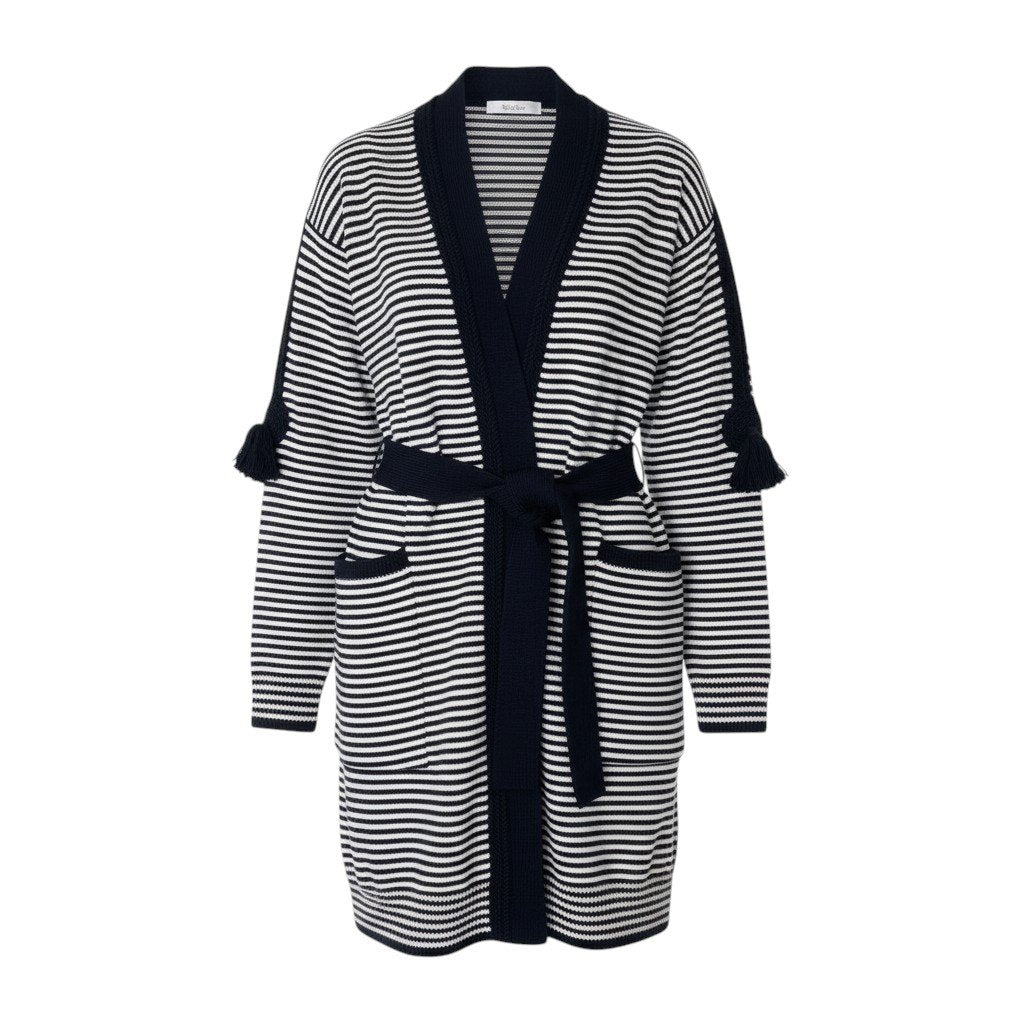 88i15 【未使用タグ付】 Max Mara マックスマーラ ロングニットカーディガン ボーダー柄 ウエストリボン M ネイビー ホワイト ウール100％ レディースu02t