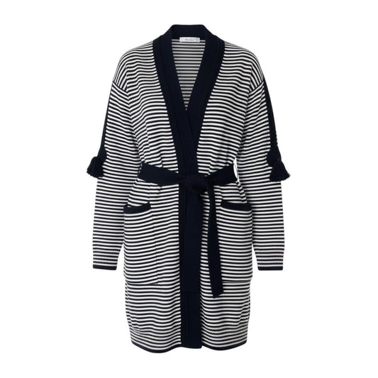 88i15 【未使用タグ付】 Max Mara マックスマーラ ロングニットカーディガン ボーダー柄 ウエストリボン M ネイビー ホワイト ウール100％ レディースu02t