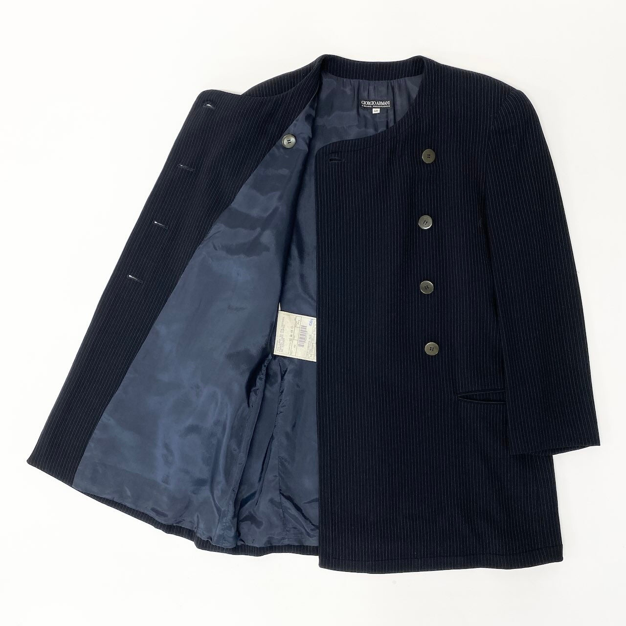 56e12 GIORGIO ARMANI ジョルジオアルマーニ セットアップ スカートスーツ ノーカラージャケット ダブルブレスト 膝丈スカート ストライプ柄 サイズ40 ネイビー レディース 女性服u02t