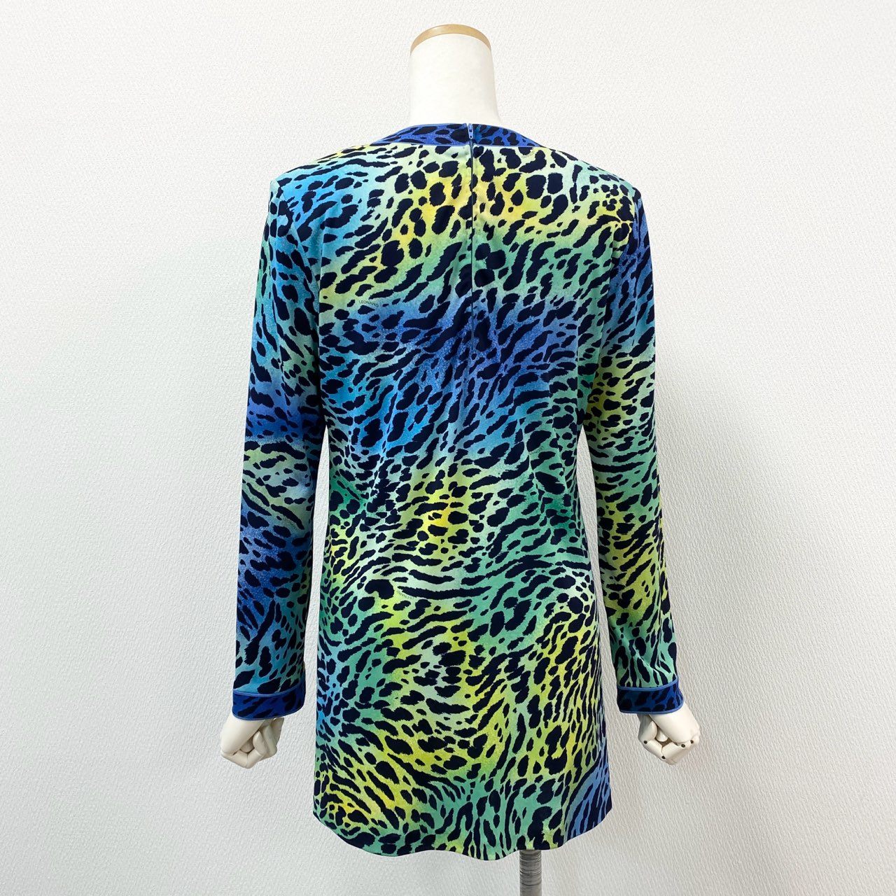 13f7 LEONARD FASHION レオナール カンカン素材 レオパード柄 長袖チュニック トップス ワンピース ドレス ロングスリーブ 日本製 Lサイズ グリーン ブルー トリアセテート ポリエステル