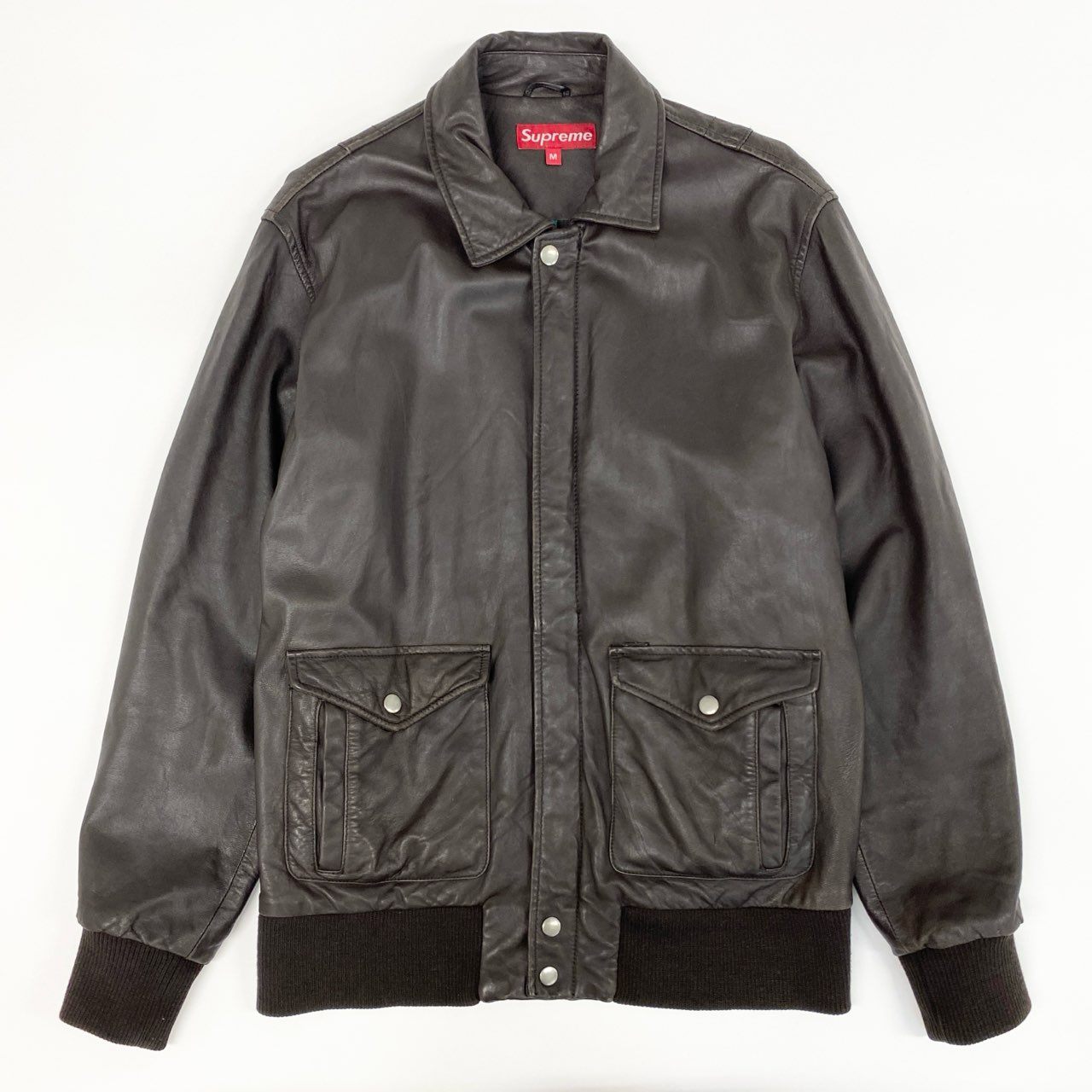 21f17 SUPREME シュプリーム 07AW Leather Bomber Jacket レザーボンバージャケット ブルゾン 裏地チェック OLD VINTAGE ヴィンテージ M ブラウン 本革