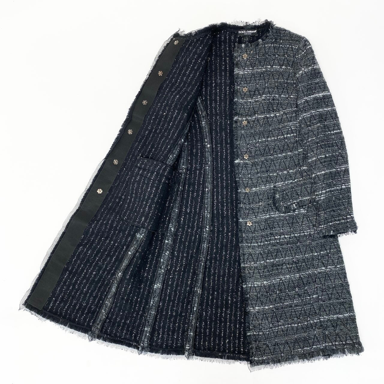 86e1 DOLCE&GABBANA ドルチェアンドガッバーナ ノーカラー ツイードコート ロングコート  イタリア製 サイズ38 グレー系 レディース 女性服u02t