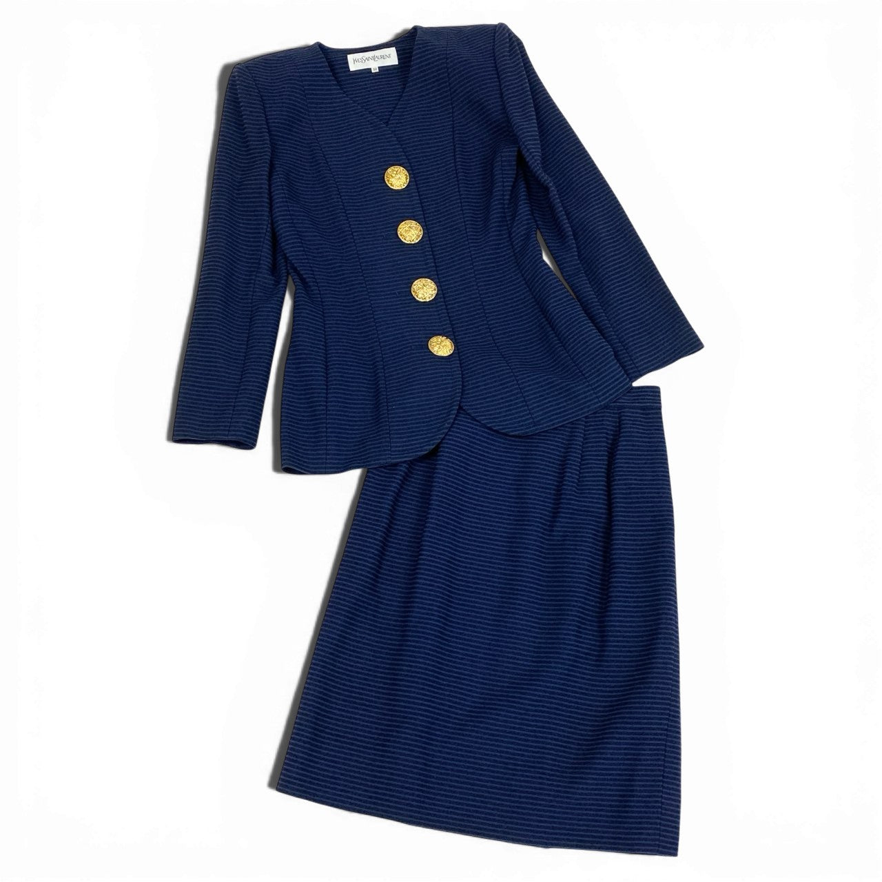 4b4 Vintage Yves Saint Laurent ヴィンテージ イブサンローラン YSL 金ボタン ノーカラー ジャケット Collarless Long Sleeve Jacket Gold Buttons 34 ネイビー コットン レディースo07t