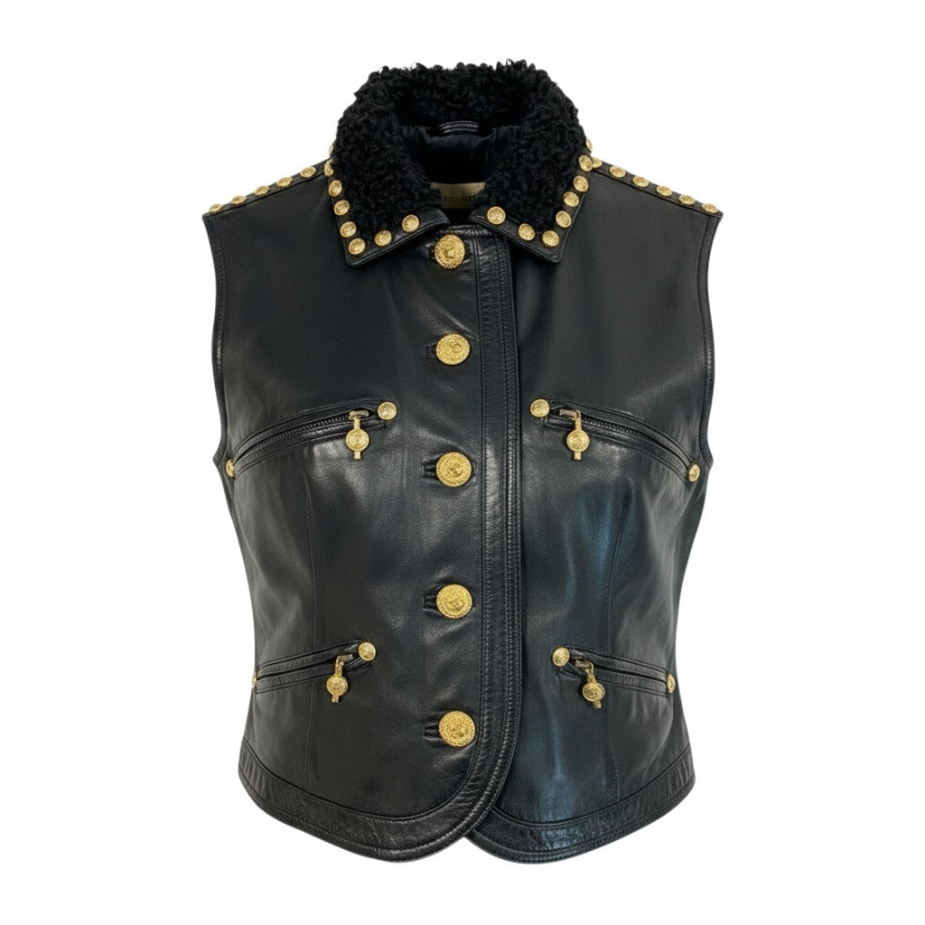 h31 GIANNI VERSACE ジャンニヴェルサーチ メデューサボタン レザーベスト ムートン襟 ブラック レザーu02t