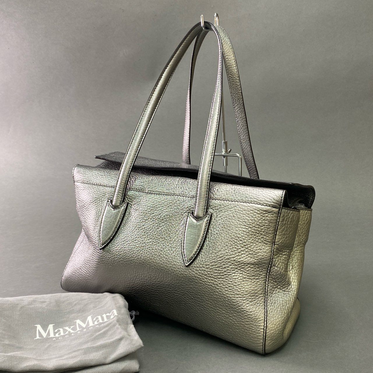 Gb12 Max Mara マックスマーラ ポーチ付き メタリック レザートートバッグ シルバー Leather ハンドバッグ 鞄 イタリア製