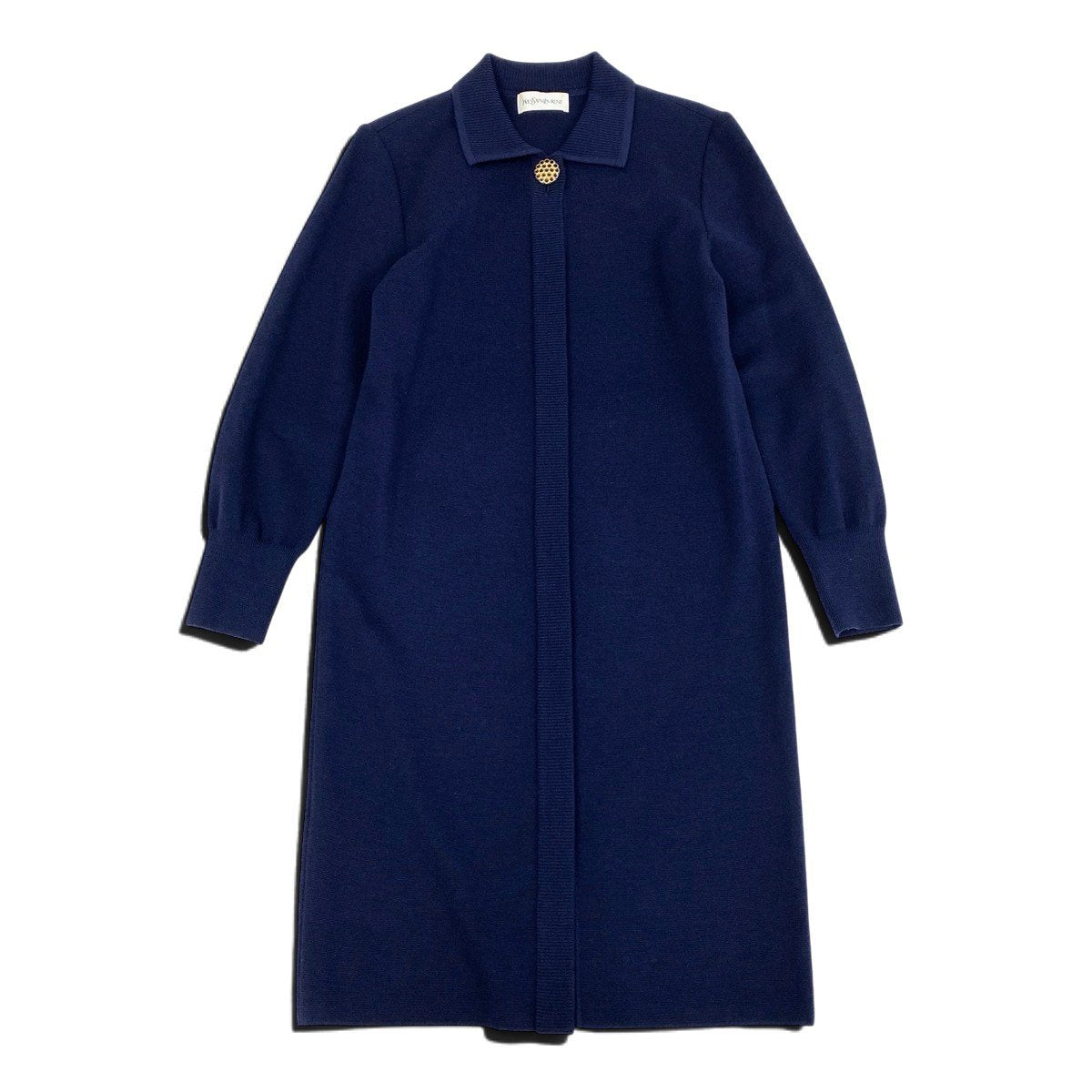 Ej19 YVES SAINT LAURENT イヴサンローラン ロングスリーブ ニットワンピース 金ボタン ラインストーン装飾 サイズM ネイビー ウール100 レディースo07t