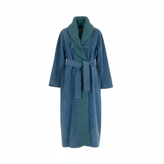 60L16 Vintage YVES SAINT LAURENT イヴサンローラン ヴィンテージ レザーコート ベルテッドコート ロング丈 ニット切替 L ブルー系 表記タグ欠損 レディースu02t