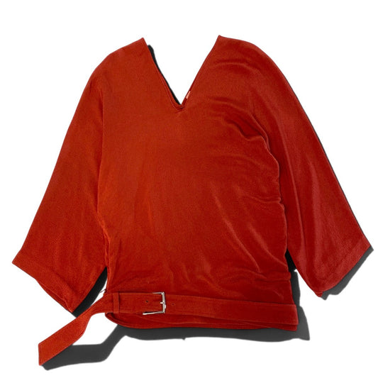 Ej16 Hermès エルメス マルジェラ期 Vネック 裾ベルト トップス レッド レディースo07t