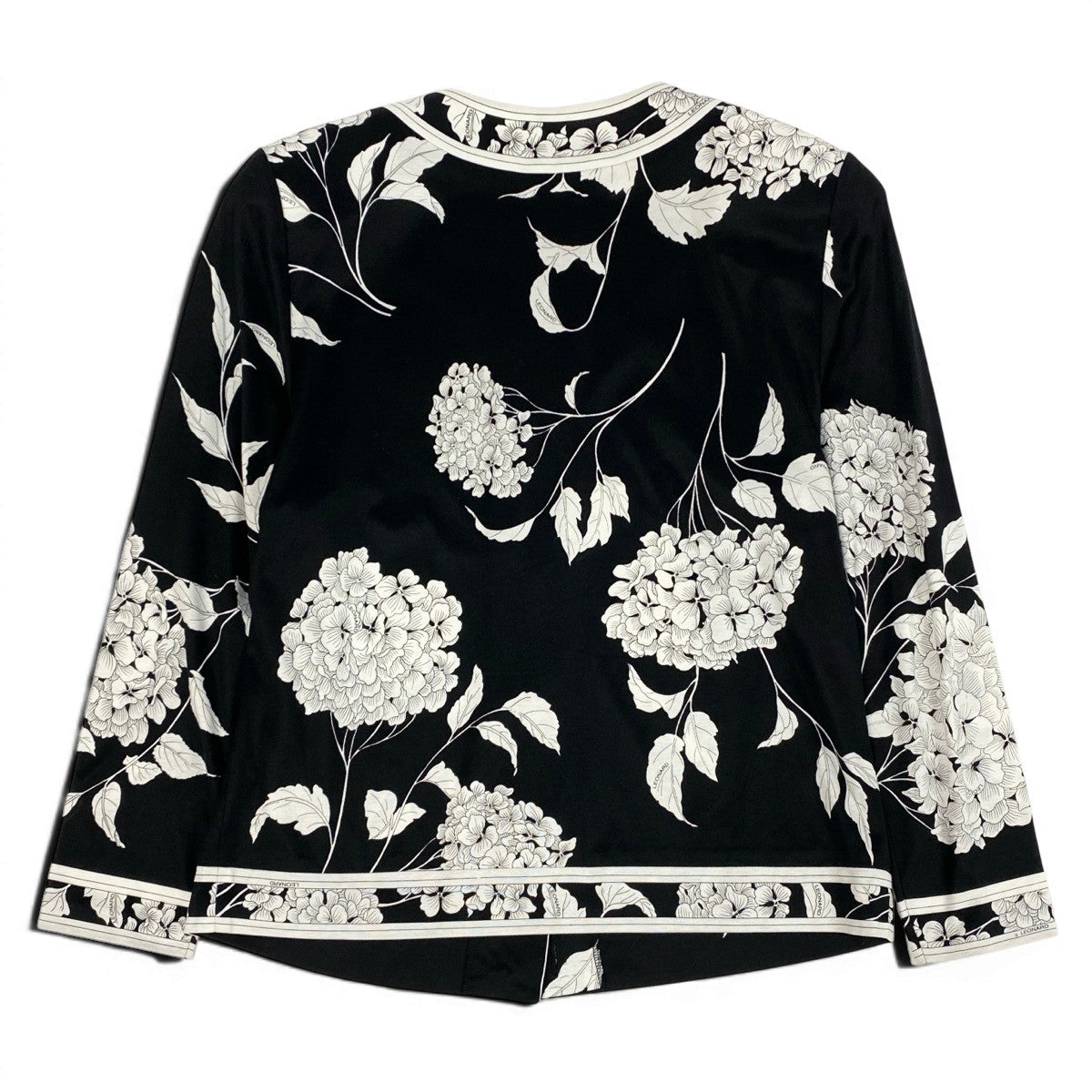 9f5 LEONARD FASHION レオナール ノーカラージャケット 薄手 花柄プリント クリアボタン サイズM ブラック ホワイト コットン100％ レディース 女性服u02t