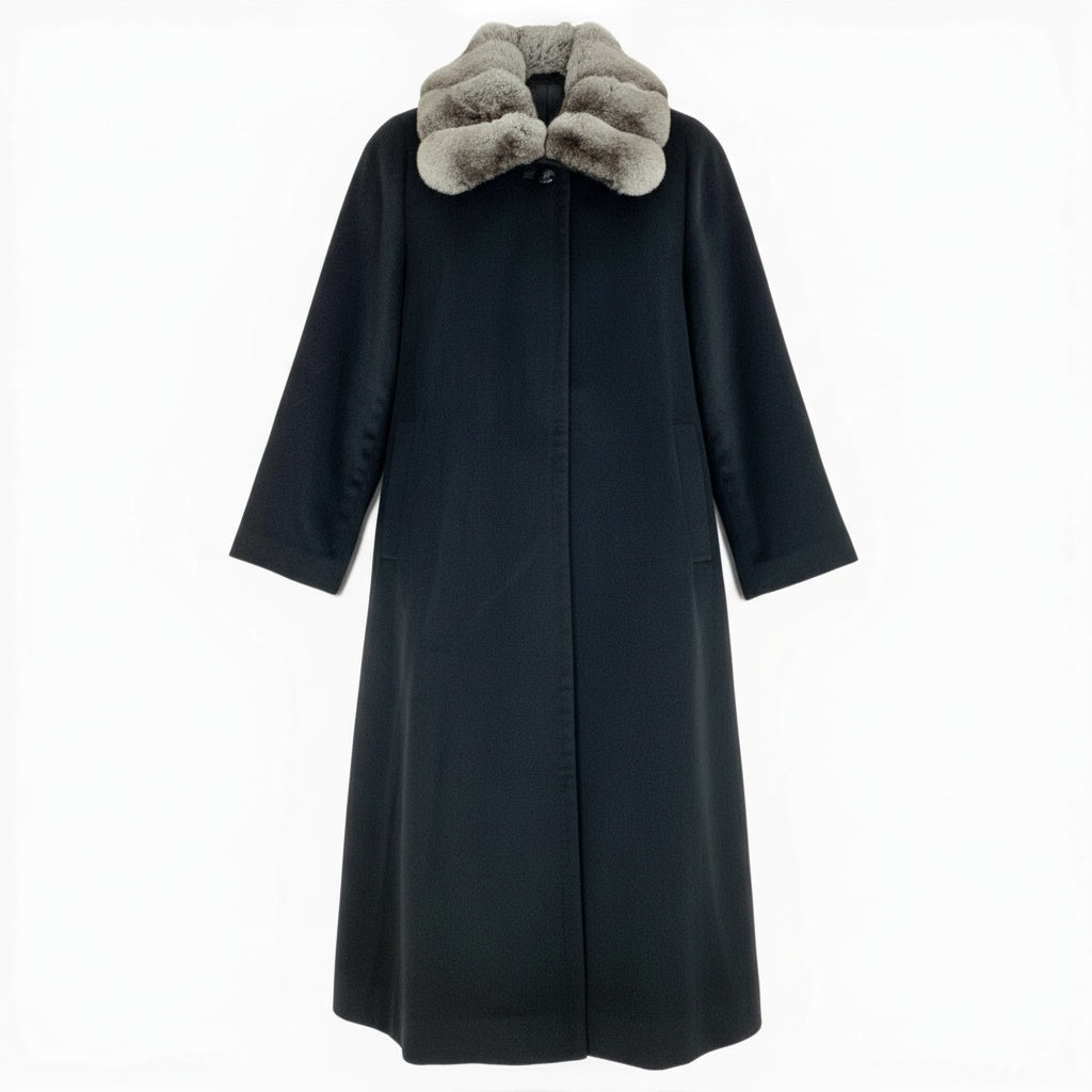 30a9 チンチラファー付き カシミヤロングコート サイズF ブラック 最高級毛皮 Chinchilla Fur Cashmere Coatt18r