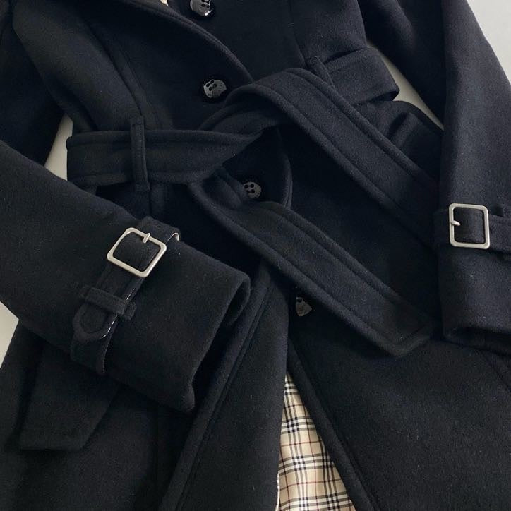 4i4① BURBERRY BLUE LABEL バーバリー ブルーレーベル フォックスファー ベルト付ウールコート 38 ブラック アウター