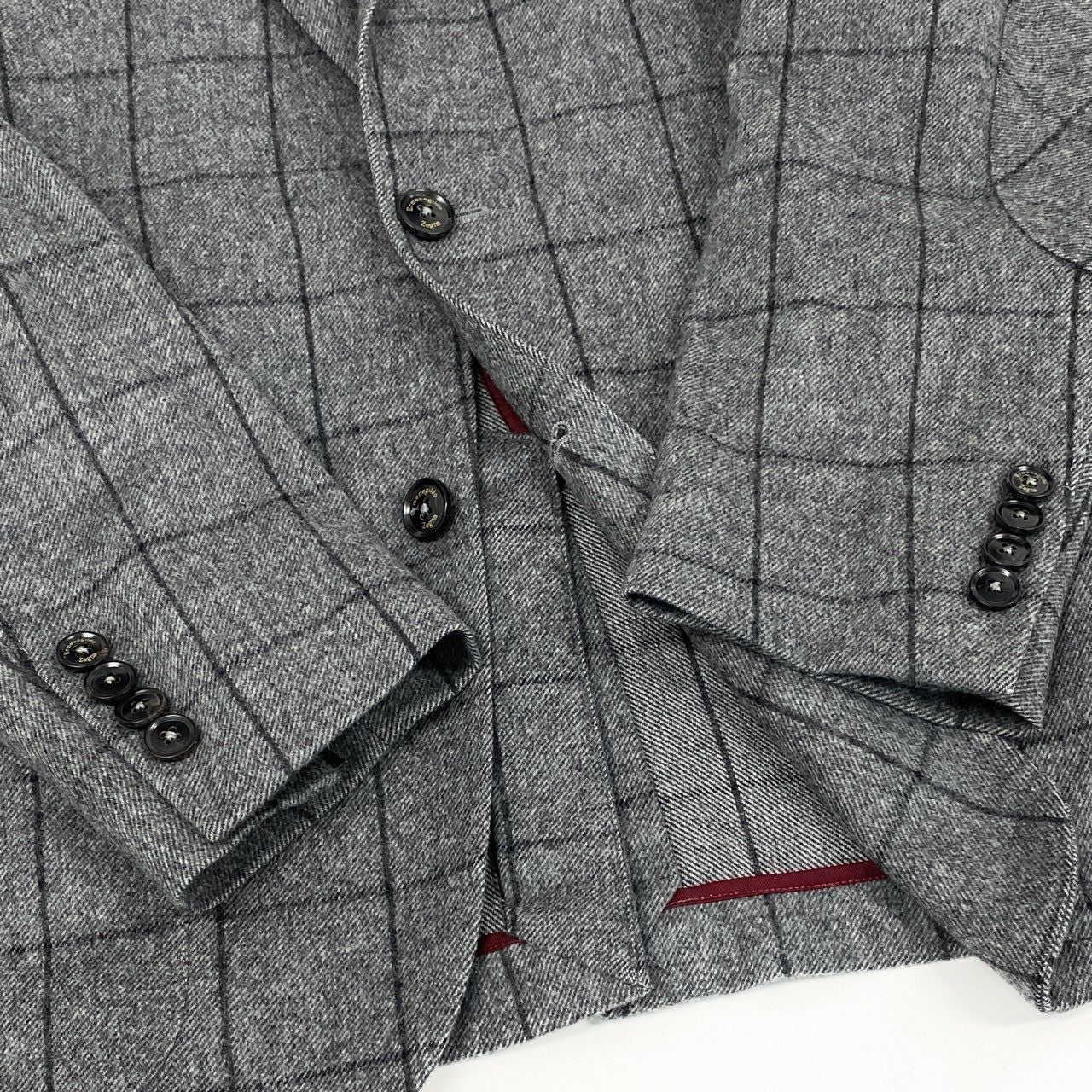 74i8 《美品》 Ermenegildo Zegna エルメネジルドゼニア テーラードジャケット レザージップ エルボーパッチ 44 グレー ウィンドペン ウール メンズu02t