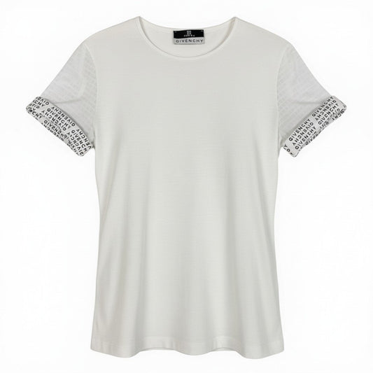 Ic27 GIVENCHY ジバンシー 半袖Tシャツ スリーブブランドロゴ ストレッチ素材 トップスカットソー イタリア製 ホワイト レディース 女性用u02t
