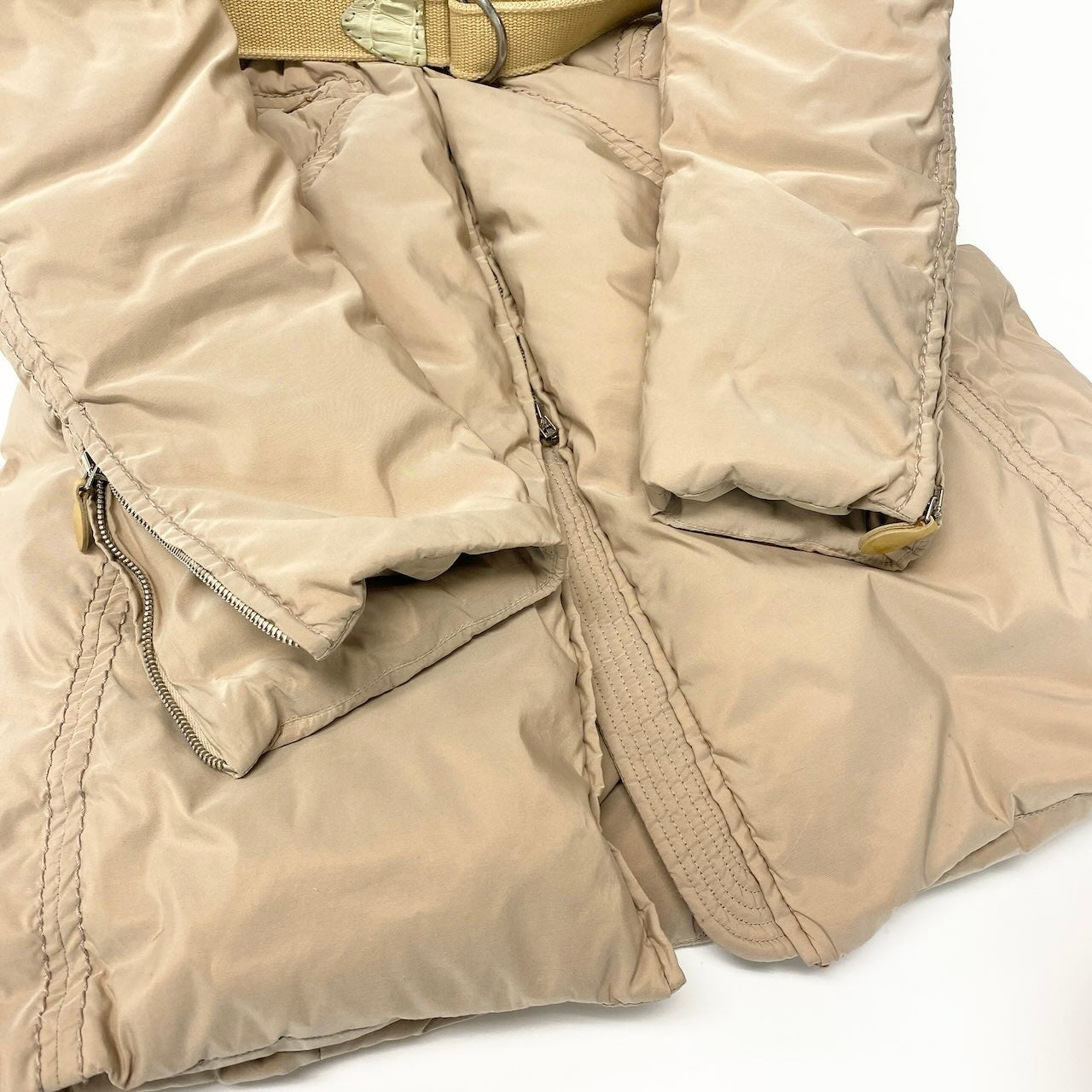 79c26 ERMANNO SCERVINO エルマンノシェルビーノ ダウンコート ダウンジャケット ウエストベルト フーディー アウター 42サイズ ピンクベージュ ポリエステル100％ レディース 女性用u02t