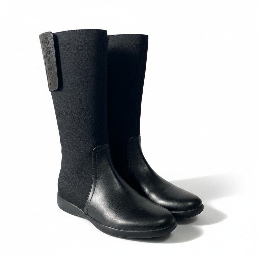 1d23 PRADA SPORT プラダスポーツ ロングブーツ バックジップ ブランドロゴ 35 1/2 ブラック ナイロン レザー レディース 女性靴k02i