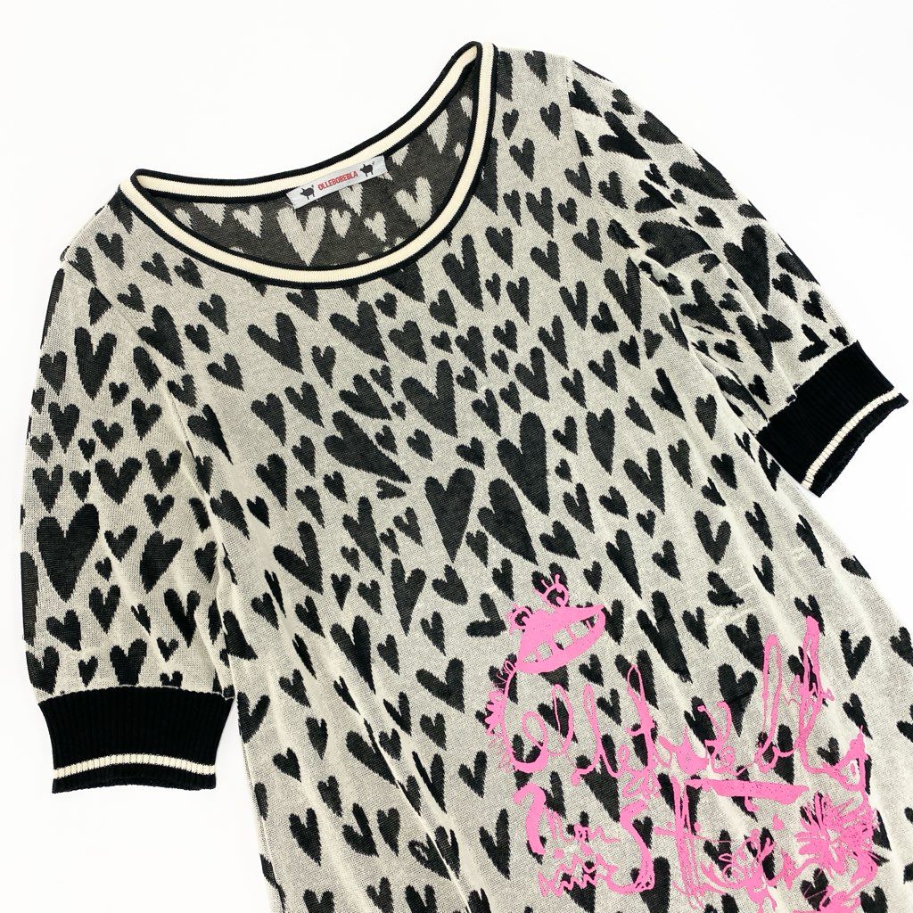 7a9 OLLEBOREBLA オレボレブラ アルベロベロ ニットワンピース 総柄 ハート柄 七分袖 レディース ブラック ホワイトo07t