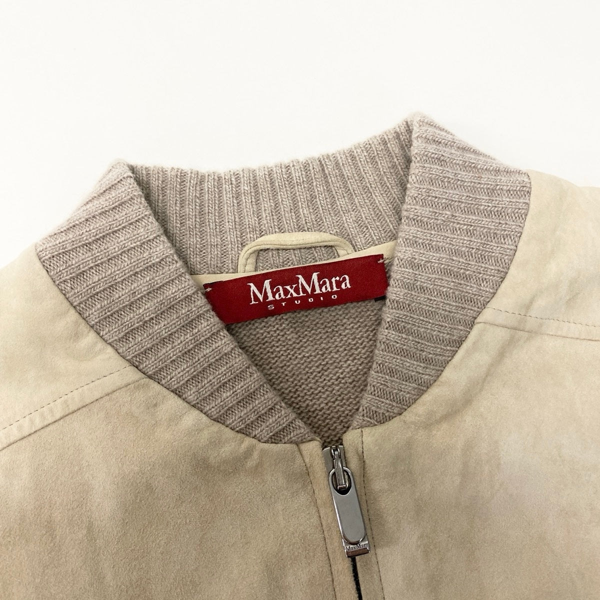 26g18 MaxMara STUDIO マックスマーラ ステュディオ スエード ニット切替ジャケット ウールカシミヤ混 レザー サイズM ベージュ レディースu02t