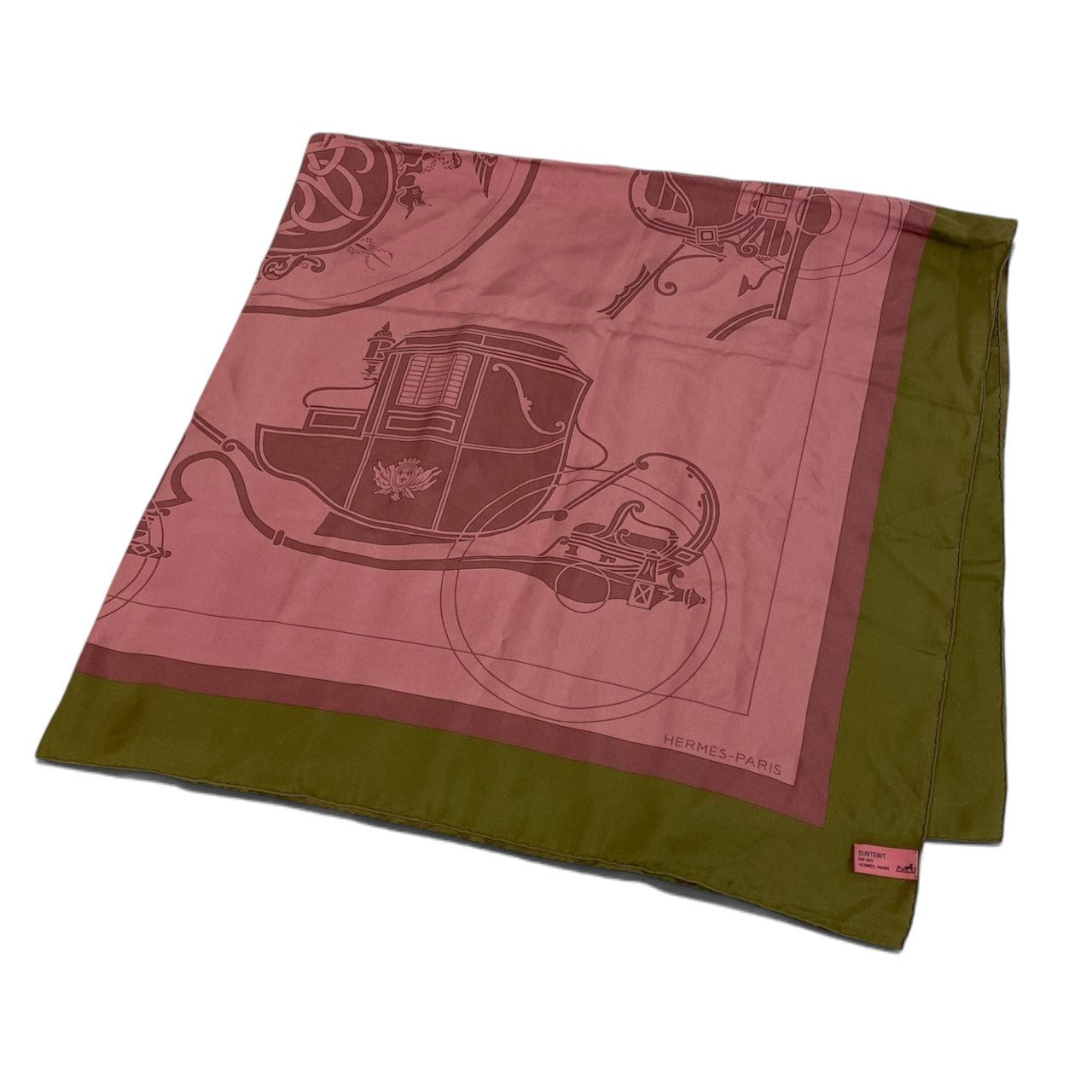 h12【美品】HERMES カレ130 ExLibris エクスリブリス 馬車 ピンク カーキ シルク100％ ユニセックスk02i