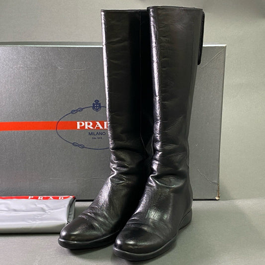 【Archive】SS1999 90s PRADA SPORT プラダ スポーツ レザーロングブーツ 36 1/2 ブラック バックジップ  Leather シューズ 箱 保存袋付き